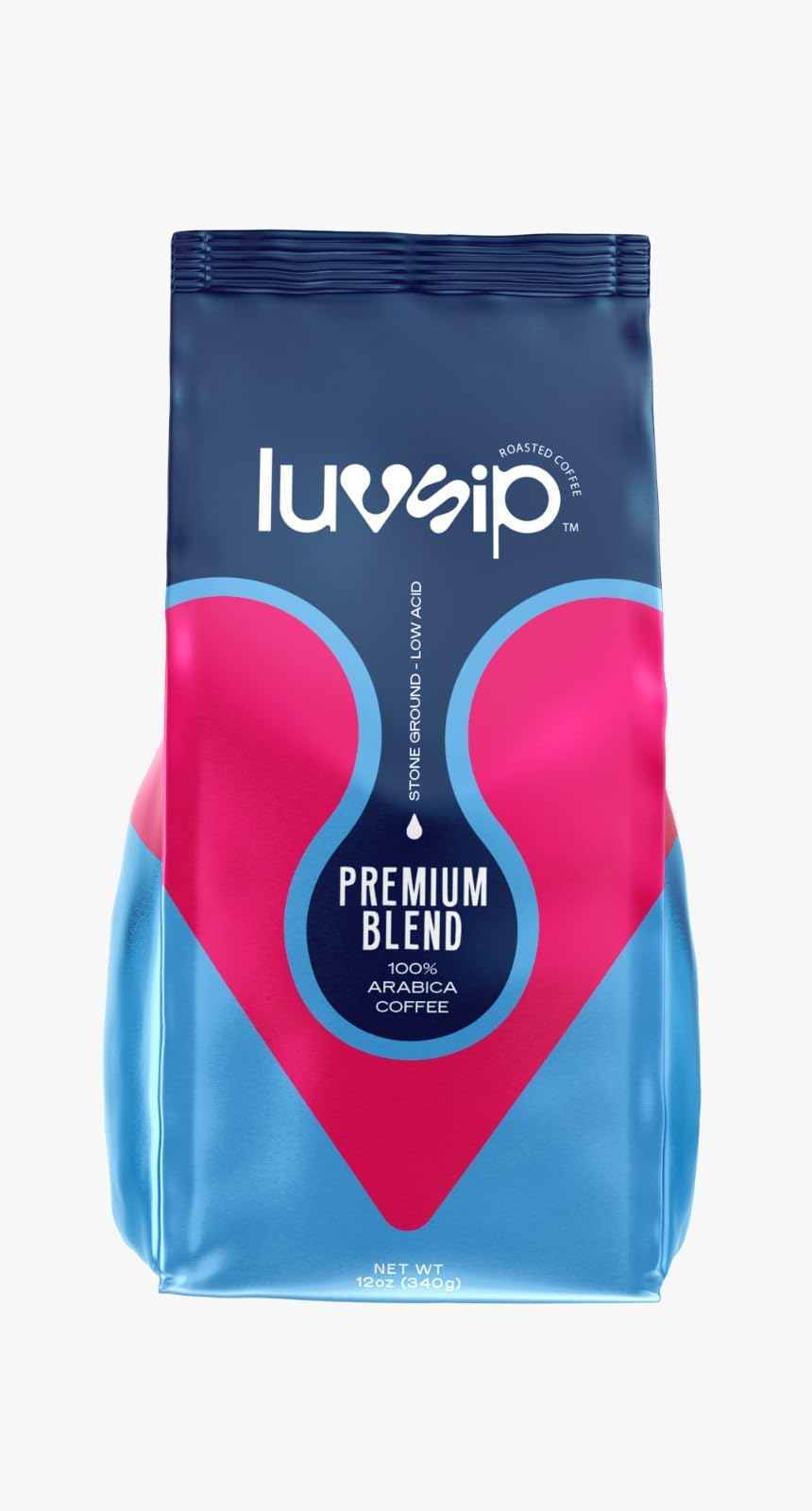 LuvSip Coffee Premium Blend 100% Arabica Coffee, ground, medium roast, low-acid, chemical free roasting process, 12 ounces(340 grams), gut friendly, reduces stomach inflammation, irritation, and acid reflux, reduces tooth enamel erosion, smooth, rich, velvety, balanced flavor, perfect for drip, french press, moka pot, chemex, iced coffee.