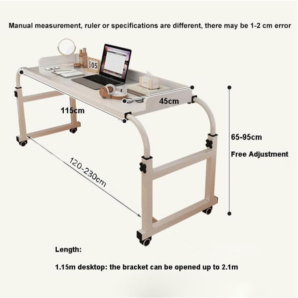 Mesa ajustable con ruedas de altura 65-95 cm, versátil mesita de noche extensible de 120-230 cm, ideal para cama King/Queen, color: blanco