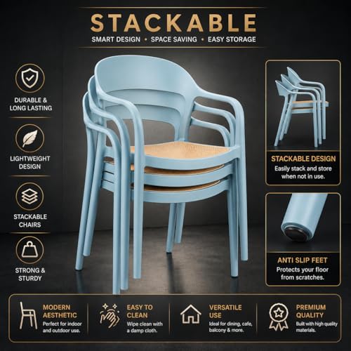 Image of Rattan Style Outdoor Chair | Set of 6 Sky Blue Plastic Arm Chair for Garden, Balcony, Patio & Cafe | Lightweight Weather Resistant Seating | 3 Year Manufacturing Warranty