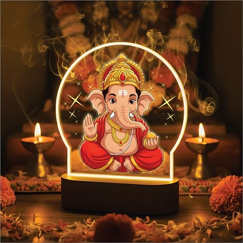 Image of Giftplease Lord Ganesha Printed LED Night Light - Vibrant Ganpati Bappa Desk Lamp with Warm Glow - Divine Home Decor for Pooja Room, Office, & Spiritual Gifting GL 04
