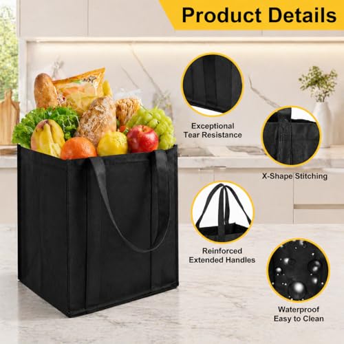 Enjamyo 24 Pcs Reusable Grocery Bags, Large Shopping Bag, Heavy Duty Washable Foldable Bag, Grocery Bags with Reinforced Handles (Black, Gray) by Enjamyo - Image 5