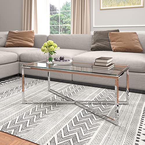Hallowood Furniture Mesa de centro finamente grande con parte superior de cristal y marco de acero inoxidable, moderna mesa central para sala de estar, mesa ocasional, mesa de entrada Cover