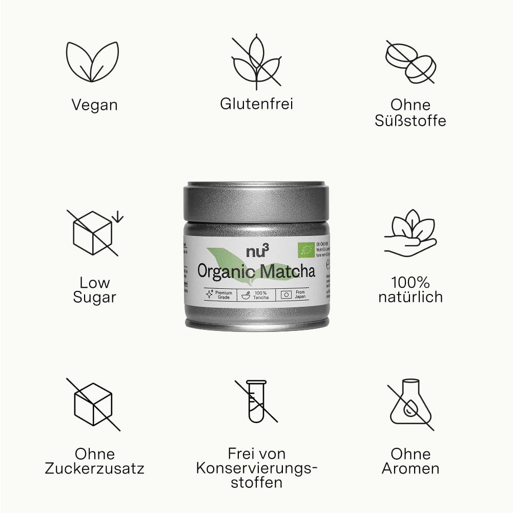 nu3 Bio Matcha Pulver – reiner Tencha-Matcha aus Japan, milder Geschmack, intensiv grün, ohne Zusätze, vegan, glutenfrei, bio, feinster Grüntee, als Kaffe-Ersatz oder zur Entspannung - 3x30 g