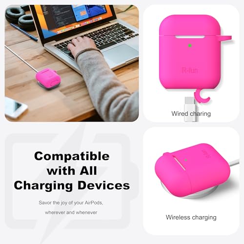 Image of AirPods Case Cover with Keychain, Full Protective Silicone AirPods Accessories Skin Cover for Women Girl with Apple AirPods Wireless Charging Case,Front LED Visible-Rose Pink