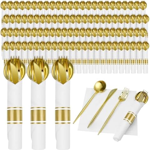 100 Pack Pre Rolled Gold Plastic Silverware, Disposable Wrapped Cutlery with Napkin, Heavy Duty Dinnerware Set Include 100 Forks, 100 Knives, 100 Spoons and 100 Napkins for Party and Wedding Cover