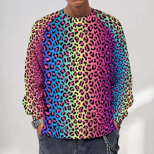 Sweatshirt for Men, Crewneck Hoodies, Leopard Neon Rainbow Gradient Long Sleeve Pullover Sweaters Casual Tops2