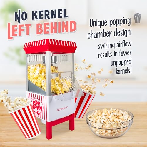 Nostalgia Vintage Hot-Air Popcorn Maker Machine - Makes Up to 12 Cups - Oil-Free - Healthier Popcorn - Classic Stand-Up Cart With Wheels - Includes Kernel Measuring Cup - White & Red - Thumbnail 3
