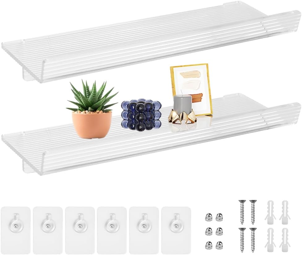 ADERTOS 2 PCS Estanteria Pared Blanca, 30 * 10cm Baldas Pared sin Taladrar, Estantes Adhesivos de Acrílico, Estantes Flotantes Pared con 3 Clips para Dormitorio, Baño, Cocina, Sala de Estar, Oficina