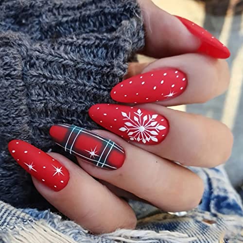 Christmas Red Press on Nails Almond Long Fake Nails with Nail Glue Snowflake Speckle matte Design False Nails Acrylic Artificial Stiletto Stick on Nails for Women Girls Christmas Manicure art 24Pcs