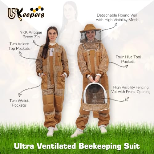 Image of 3-Layer Ultra Ventilated Sting Proof Bee Suit for Men & Women - Premium Beekeeping Suit with Bee Gloves & Two Detachable Beekeeping Veils (Brown S)