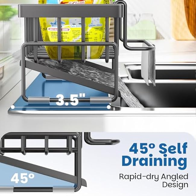 BREIS Kitchen Sink Caddy Organizer with Rag Holder,Self-Draining Sponge Holder for Countertop Soap Dispenser Organizers and Storage Essentials,Kitchen Decor and Accessories