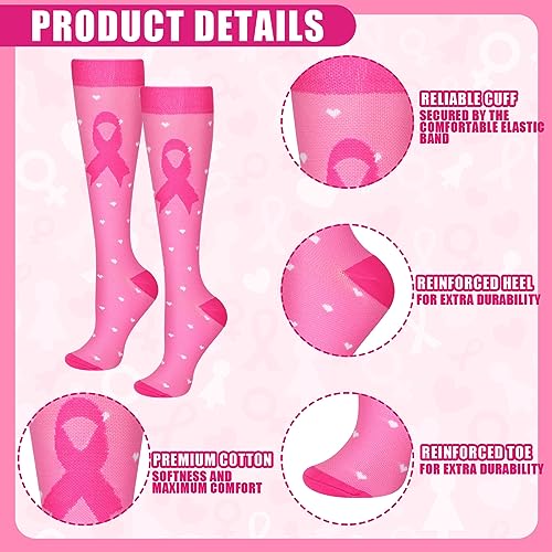 Suhine 12 Pairs Breast Cancer Awareness Socks with Stripes Pink Ribbon Sports Softball Socks Bulk Compression Socks Soccer Football Socks Soft Breast Cancer Socks for Women Men Running Travel4