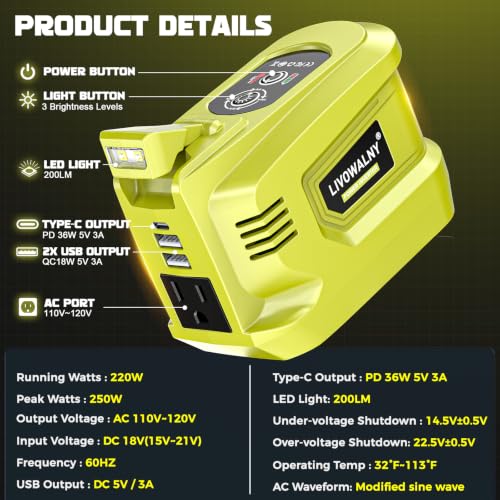 Image of LIVOWALNY 220W-250W Power Inverter Compatible with Ryobi 18V Battery, DC 18V to AC 110-120V Power Station with 1 AC Outlet, 2 USB, 1 Type-C & LED Light, for Camping Power Outage (No Battery)