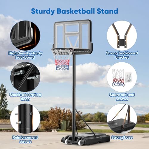 Panier De Basket Extérieur Portable – Hauteur Réglable 128-305 Cm – Panneau 110x75 Cm, 2 Filets Inclus – Roues, Base Lestable – Enfant & Adulte