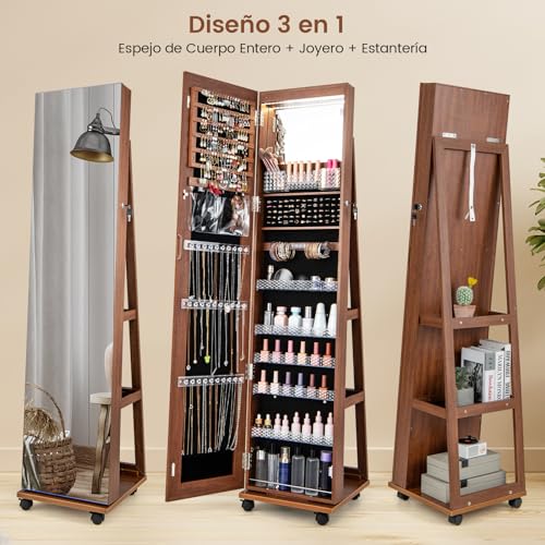 Miniatura 2 de Relax4life 3 En 1 Espejo Joyero De Pie Con 4 Ruedas Giratorias 360 , Led De 3 Colores Y 2 Espejos, Armario Para Joyas Con 3 Estantes De Almacenaje, Espejo De Cuerpo Entero Y Cerradura Marrón