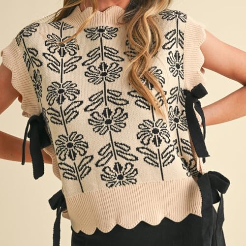 Image of Women Side Tie Sweater Vest Scallop Trim Mock Neck Knit Vest Bow Lace Up Ribbon Sweater Tank Top Knitwear