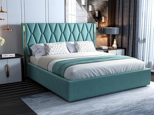 Image of Modern Upholstered King Size Bed with Box Storage for Bedroom | Wooden Double Bed with Storage | Platform Cot Bed with Upholstery Premium Fabric | 6.5 x 6 Ft | Sheesham Solid Wood, Greendust