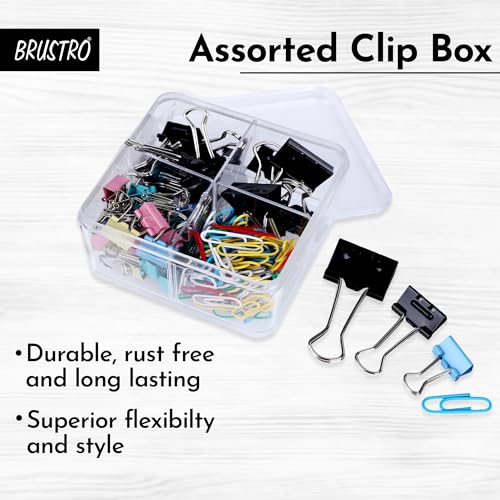 Image of BRUSTRO Assorted Clip Box | Includes 120 Paper Clips-28mm & 56 Binder Clips (25mm- 6 pcs| 19mm- 15 pcs| 15mm- 35pcs) | Home, Office, Stationery use, Ideal for Kids and Adults, Reusable, Flexible