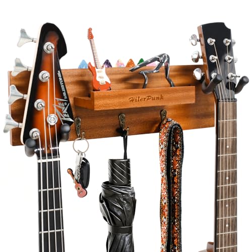 Guitar Wall Mount,Solid Wood Guitar Wall Hanger with 3 Storage Hooks and 2 Rotatable Rubber Guitar...