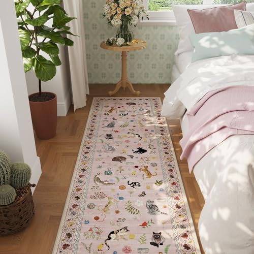 Runners for Kitchen Runner Rug Non Slip 2'x10' Long Washable Rugs with Rubber Backing Soft Floral Animal Cat Carpet Runner for Kitchen Laundry Bedroom Bathroom, Pink