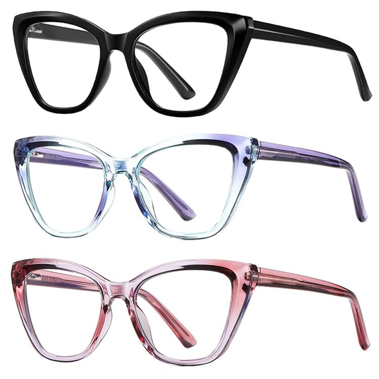 3-Pack Retro Oversized Cat Eye Reading Glasses for Women Trendy Blue Light Blocking Readers with Spring Hinge (black/purple/pink, 1, multiplier_x)
