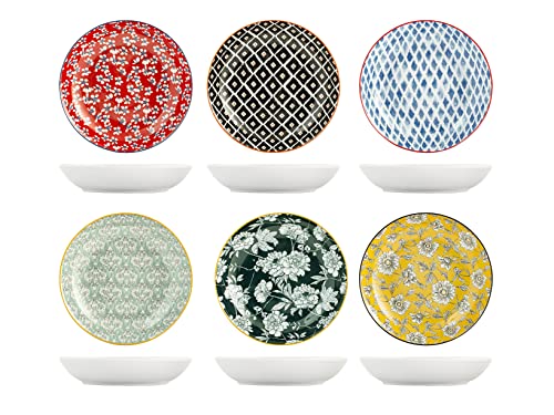 H&H 8045602 Colourful Set 6 Piatti Fondi in Porcellana, 21cm, Decori e Colori Assortiti, Moderni ed Eleganti
