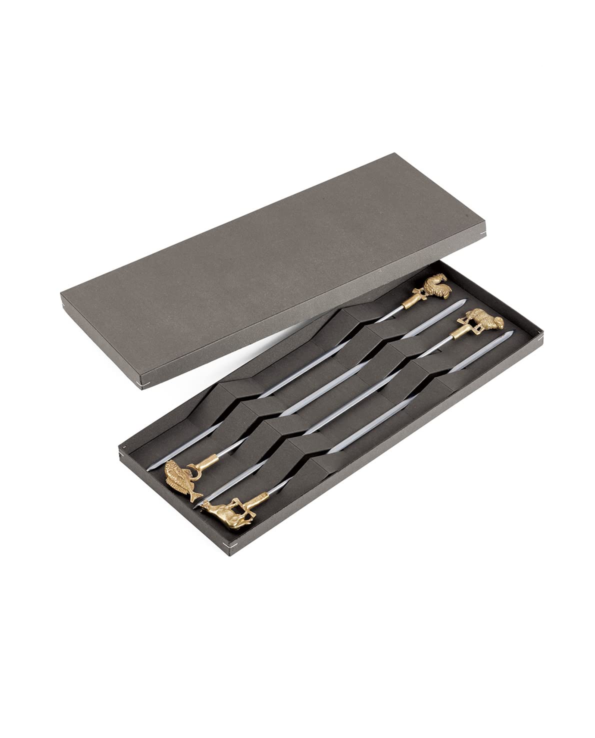 triangle Grillspieße-Set 4-teilig, Edelstahl & Messing, Made in Germany | Handgefertigte Tiermotive (Hahn, Fisch, Widder, Rind) – 36,5 cm, rautenförmiger Querschnitt, Made in Solingen