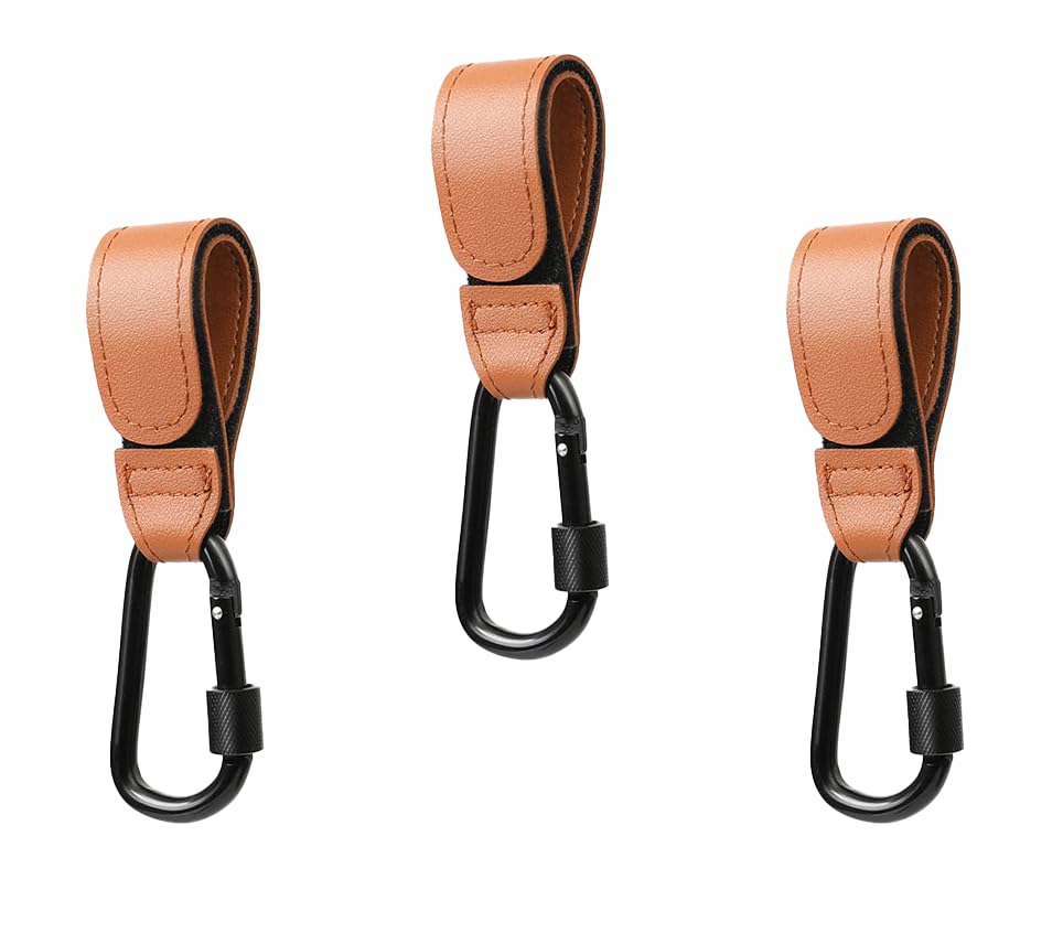 Image of 3 Pcs Baby Stroller Hook, Carry 20 lbs per Stroller Carabiner Clip, Adjustable Baby Stroller & Car Seat Hook for Hanging Diaper Bag, Wheelchair, Shopping and Pet Cart(Leather)
