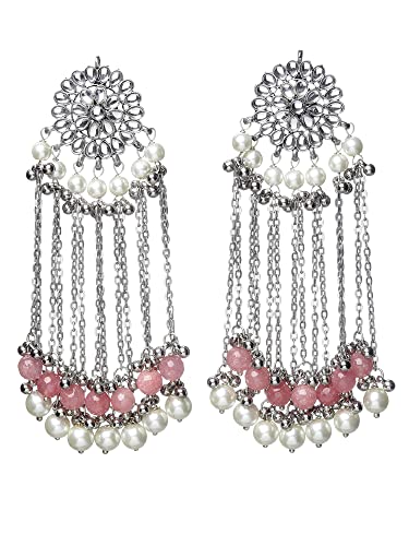 Image of Karatcart Kundan Tassel Earrings for Women (Pink and Green Beads)