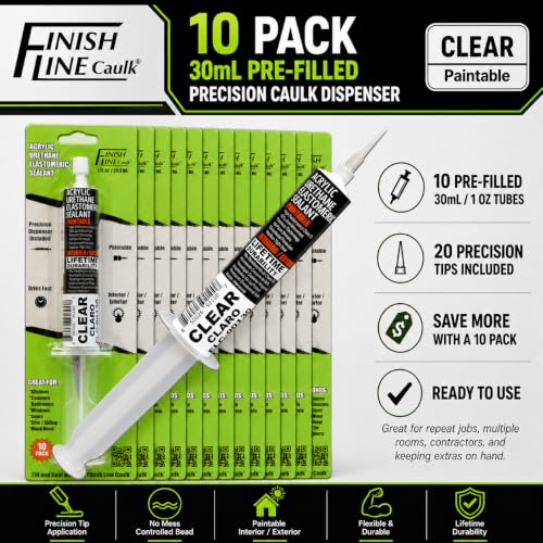 Image of Finish Line Caulk 30mL Pre-Filled Precision Caulk Applicator Clear 10-Pack | Clean, Controlled Application with Less Mess and Rework