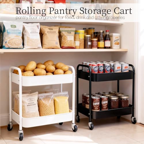 Image of 2 Tier Metal Rolling Utility Cart with Wheels Under Desk Storage Cart with Handle, Roll Around Organizer Trolley for Small Space Pantry Bathroom Home Kitchen Office Snack Baby Supplies, Black