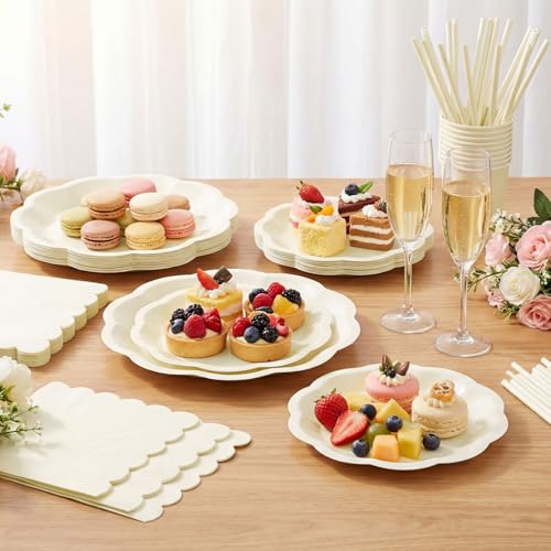125 Stück Partygeschirr Set für 25 Gäste, Beige Gewellte Papierteller Becher Servietten Papierstrohhalme für Picknick Hochzeit Geburtstag