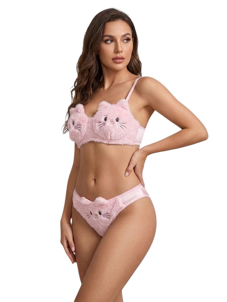 Elegance Starts Within Women's Cute Cat-Themed Lingerie Set – Fluffy Faux Fur Kitten Face Bra and Smooth Satin Panty, Playful Anime Cosplay Bra and Panty Set-image-19