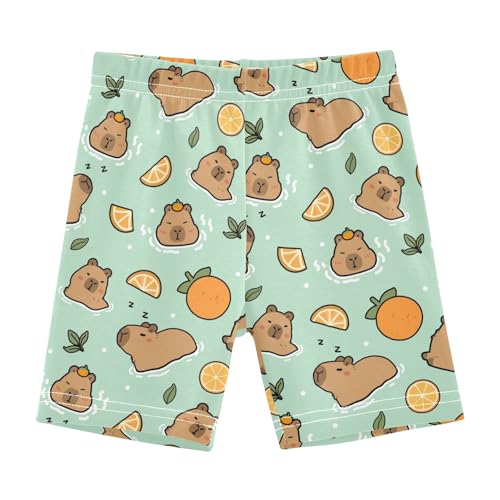 Cute Capybara with Oranges Green Girls Shorts Elastic Waist Sports Shorts Girls Leggings Pants for 4-10 Years