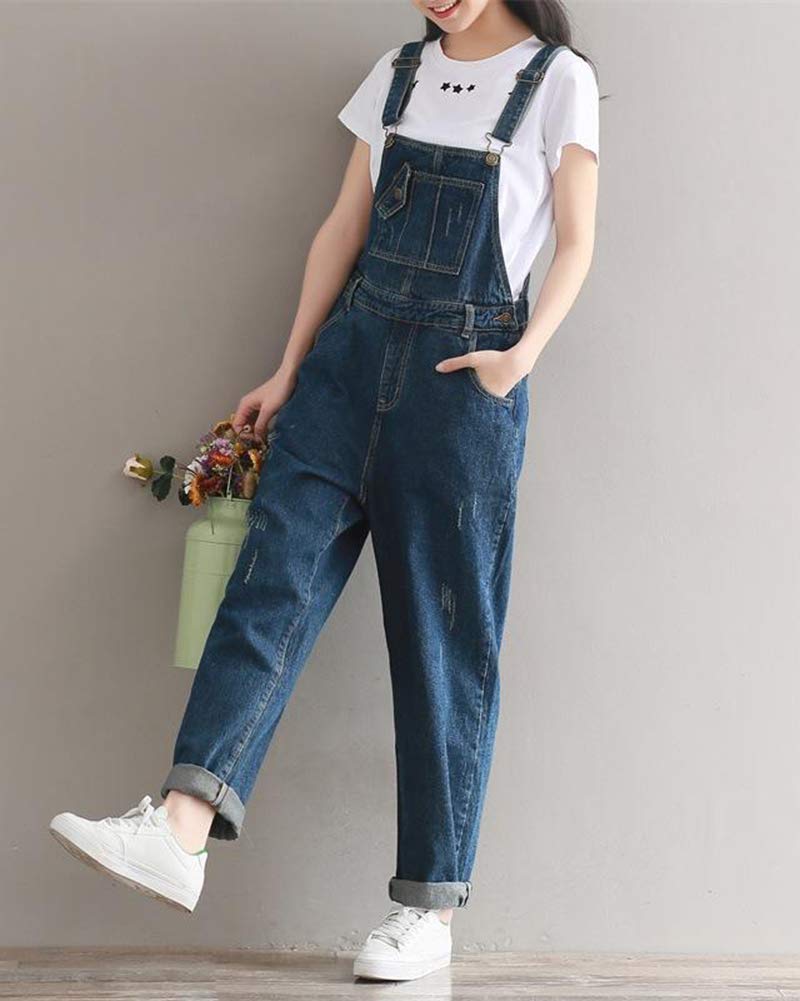 DAIHAN Donna Salopette in Jeans Tuta Jumpsuit Pantaloni Harem Dungarees Gambe Grandi Baggy Eleganti Sciolto