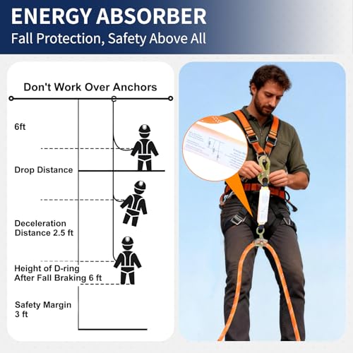 Image of Fall Protection Safety Rope 100FT, Heavy Duty Vertical Lifeline Assembly with Grab Snap Hooks Shock Absorber, Safety Lanyard for Roofing Tree Climbing Construction