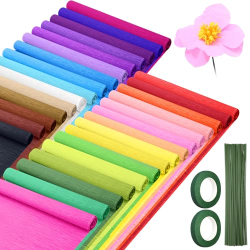 Humyoun 30 Rolls Crepe Paper Streamers 16 x 98 Inch Colorful Crepe Paper Sheets with Floral Stem Wires & Floral Tapes for Flower Making DIY Crafts Birthday Wedding Decoration (Bright Color)