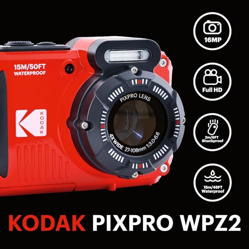 Image of KODAK PIXPRO WPZ2 Rugged Waterproof Digital Camera 16MP 4X Optical Zoom 2.7 inch LCD Full HD Video, Red
