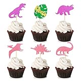 Cyodoos Pack of 24 Dinosaur Cupcake Toppers 6 styles Pink Purple Glitter Cupcake Picks Cake Decoration for Baby Shower Baby Girl Birthday Event Party Supply
