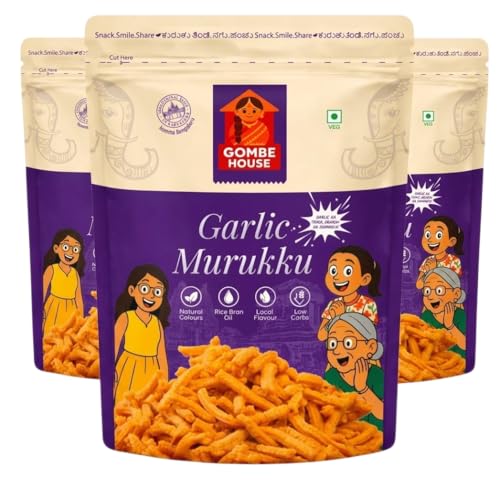 Image of Gombe House Garlic Murukku 120g Each (Pack of 3, 360g Total) Authentic South Indian Chakli Snack Crispy & Tasty Garlic Flavour Vegan No Palm Oil Traditional Tea Time Namkeen
