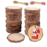 BIBRADAA 32 rebanadas de madera natural para centros de mesa de 3.5 a 3.9 pulgadas, redondas de madera sin terminar con agujero preperforado y cuerda de cordel, galletas de madera para manualidades