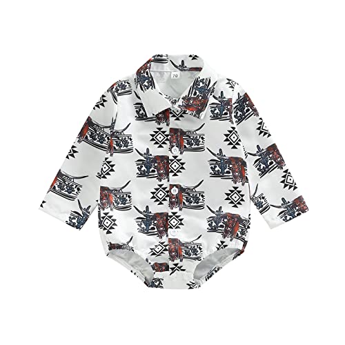 Image of Karuedoo Western Baby Boy Clothes Cow Print Shirt Romper Infant Long Sleeve Button Down Bodysuit Onesie Gentleman Outfit (E White, 3-6 Months)
