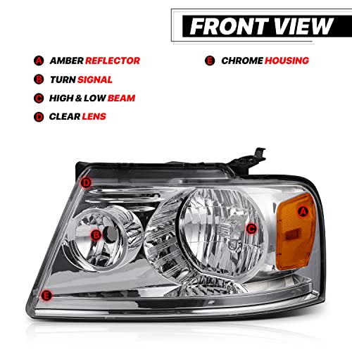 M-Auto Left&Right Headlights Assembly Replacement For 2004 2005 2006 2007 2008 Ford F-150/2006 2007 2008 Lincoln Mark Lt, Factory Style Chrome Housing Amber Corner Headlamps #TOP1