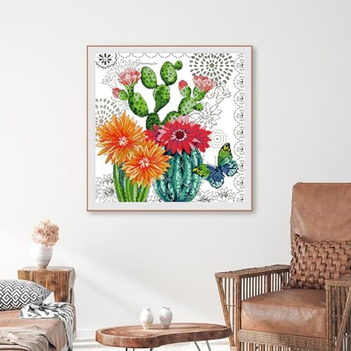 Image of Qeerysew Cross Stitch Kits Stamped Full Range of Embroidery Starter Kits for Beginners DIY- Printed Kits Prickly Pear Flower(Printed) 11CT18.9x18.9inches