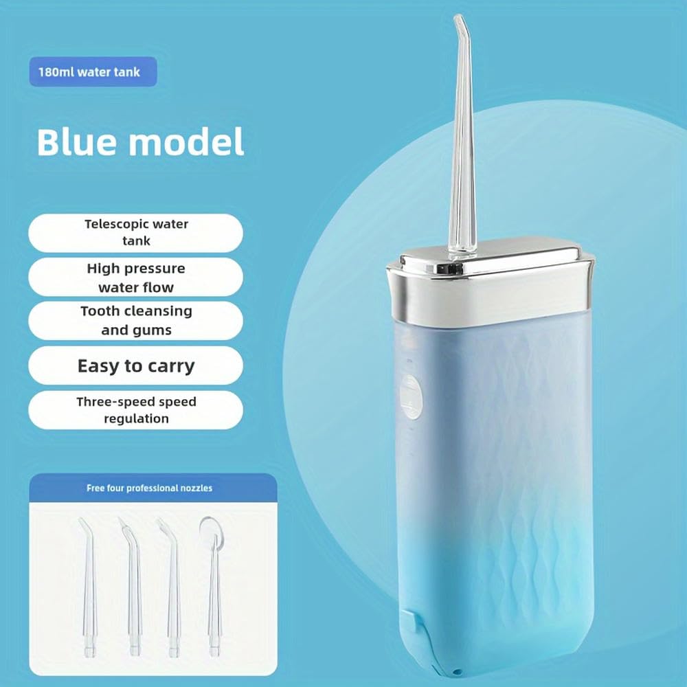 Irrigador bucal eléctrico portátil Azul, Recargable, con Ajuste de 3 velocidades y Carga USB.