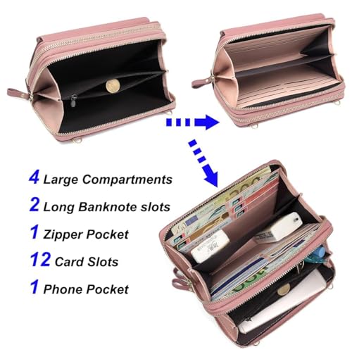 Image of Women Leather Wallet Crossbody Shoulder Bag with Double Zipper and Mobile Phone Purse with Shoulder Strap