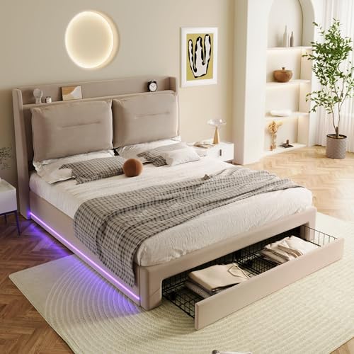 Rtopsu Polsterbett Doppelbett 180x200 cm mit LED-Licht und Bettende Stauraum Schublade, Bett mit Stauraum und Kopfteil, Hydraulisches Bett mit Lattenrost aus Holz, Beige, Samt, Ohne Matratze