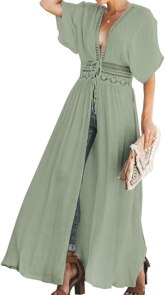 FANCYINN Womens Long Lace Cover up Sheer Bikini Coverups Kimono Tie Front Bathing Suit Swimsuit Beachwear - Image 4