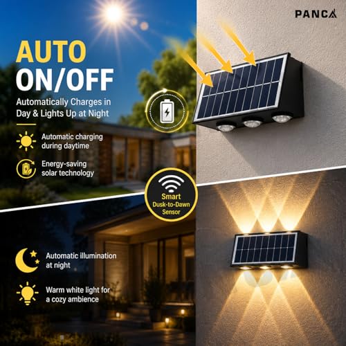 Image of PANCA 6W Solar Wall Lights Outdoor Waterproof IP65, Warm White Up Down LED Wall Lamp with 1200mAh Battery, Auto On /Off Dusk to Dawn Solar Light for Garden Fence Gate Patio Balcony Pathway