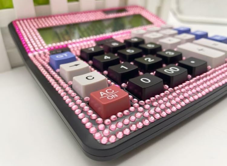 Bling Crystal Desktop Calculator with Extra Large LCD Display, 12-Digit Two Way Power Solar & Battery Office Calculator with Big Buttons and Rhinestones -Pink